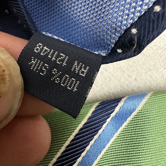 Tommy Hilfiger Green Blue Stripe Silk Tie Navy Polka Dot Design Slim Fit - Picture 3 of 4